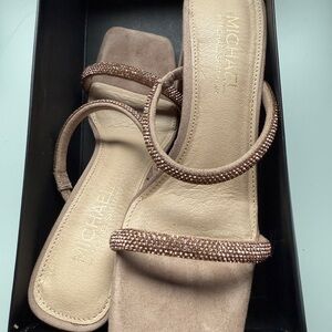 Rose gold strap block heels